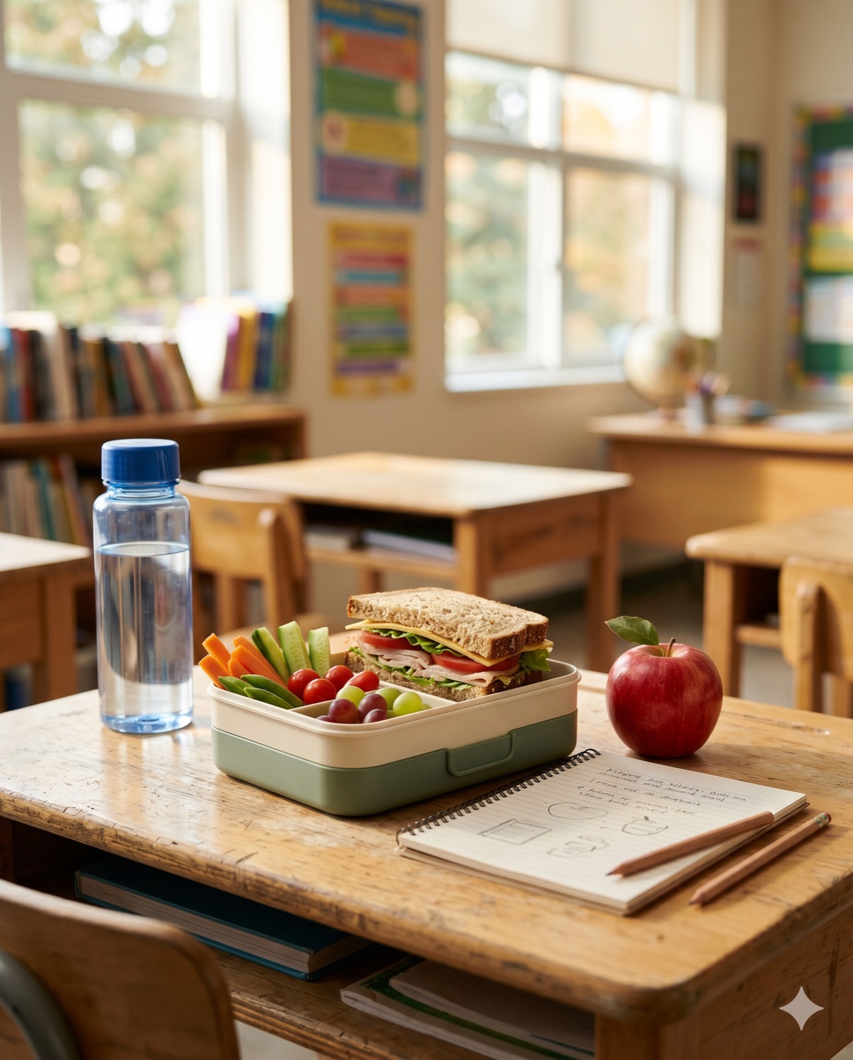 Healthy lunch on a classroom desk